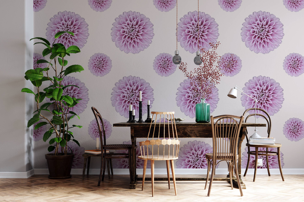 Peel-and-stick wallpaper panel with repeating lilac pom-pom blossoms pattern