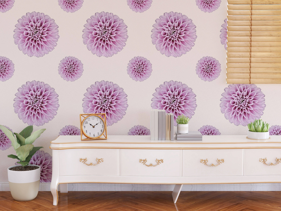 Peel-and-stick wallpaper panel with scattered lilac blossom pattern across wall