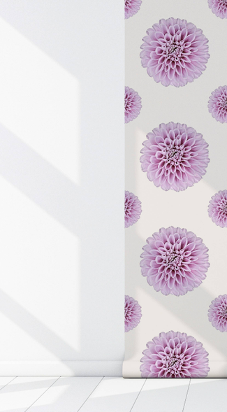 Peel-and-stick wallpaper panel corner with repeating lilac blossoms on light background
