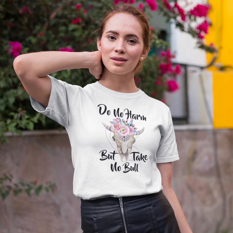 White crew neck T-shirt with short sleeves and front graphic text