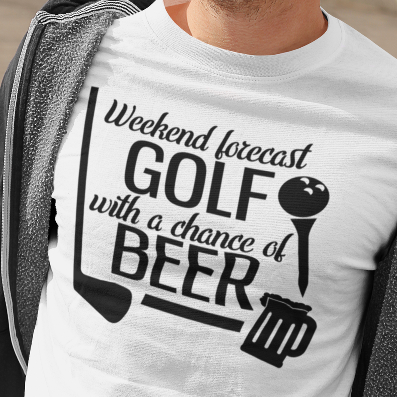 White men’s golf T-shirt with large print: Weekend forecast golf chance of beer