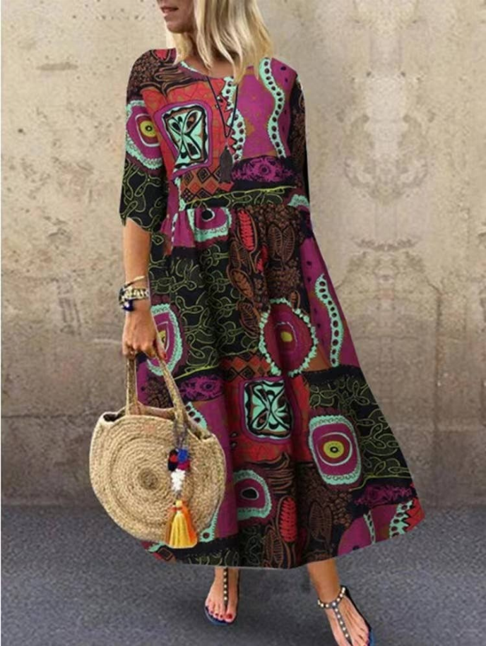 Multicolor linen dress with abstract squares, elbow-length sleeves, waist-seam flare