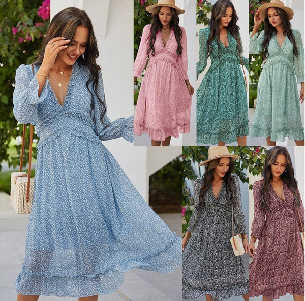Women's long-sleeve V-neck tiered midi dress, light blue with small dot print