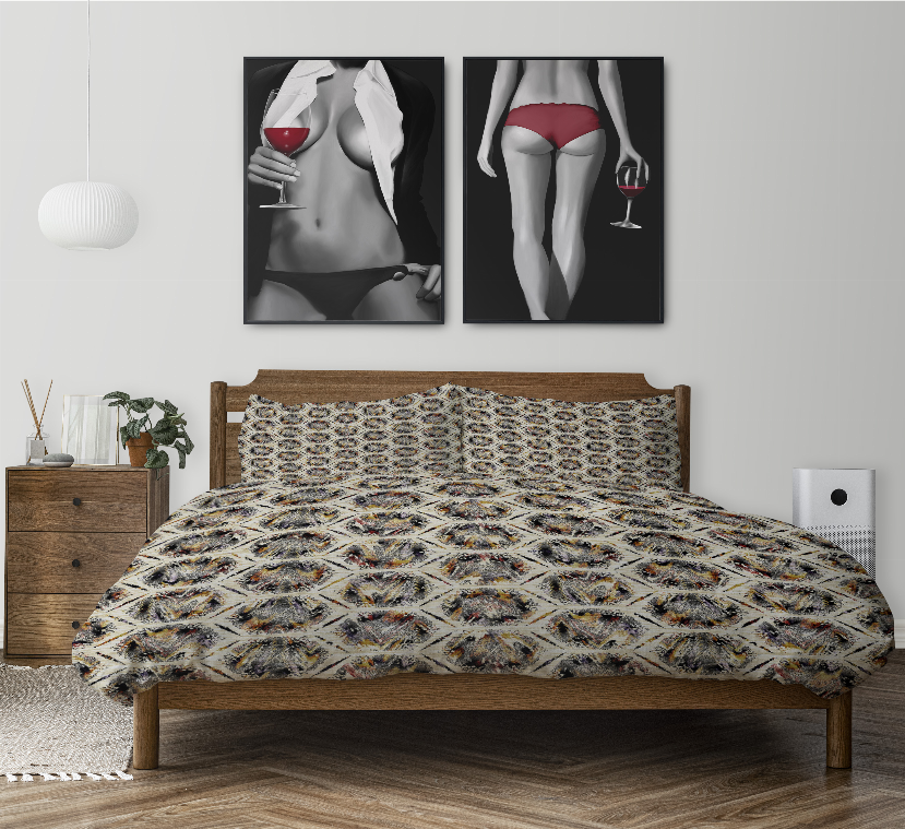 Multi-color patterned comforter set on wooden bed with matching pillows
