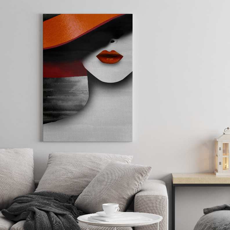 Framed abstract woman face art print with red lips, orange and black shapes