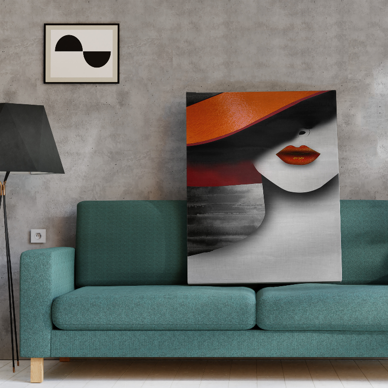 Framed abstract art print with partial woman face and red lips, orange and black accents