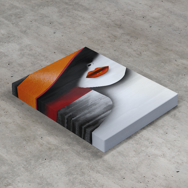 Abstract art print from above: partial woman face with red lips, orange, black and gray