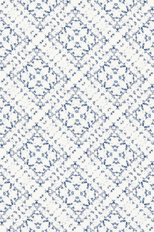 Blue and white rug with repeating motif pattern