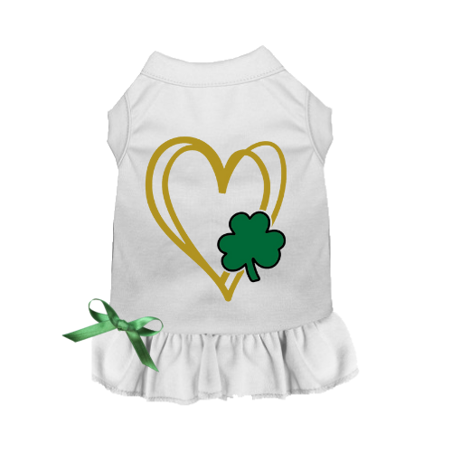 White pet dress with gold heart graphic and green clover applique at chest