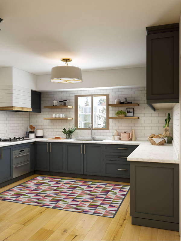 Multicolor geometric rug with repeating triangle shapes and flat woven texture