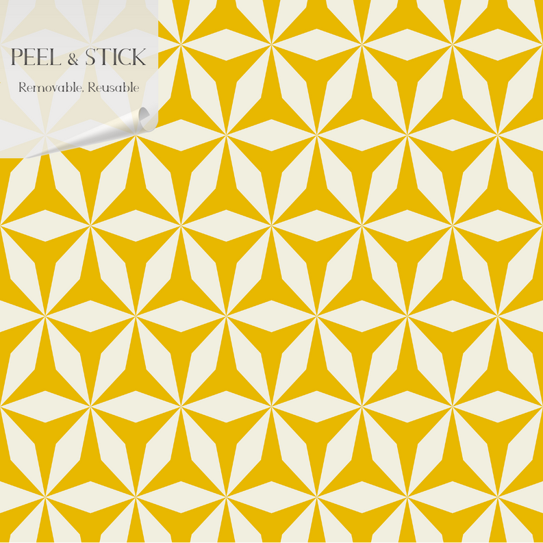 Peel & Stick removable wallpaper panel, yellow and white geometric star pattern