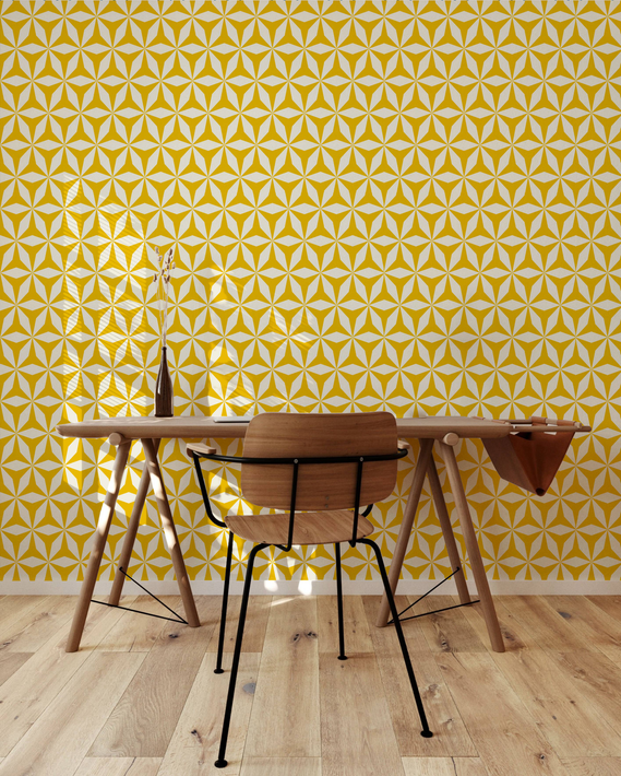 Peel-and-stick vinyl wallpaper panel with yellow and white geometric star pattern