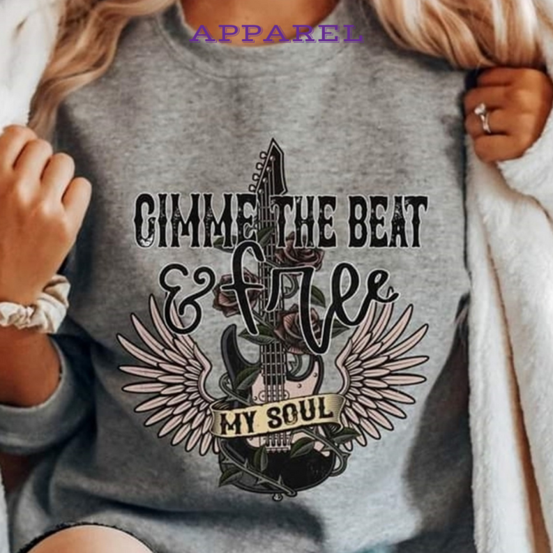 Heather gray crewneck sweatshirt with large winged 'Gimme The Beat' graphic