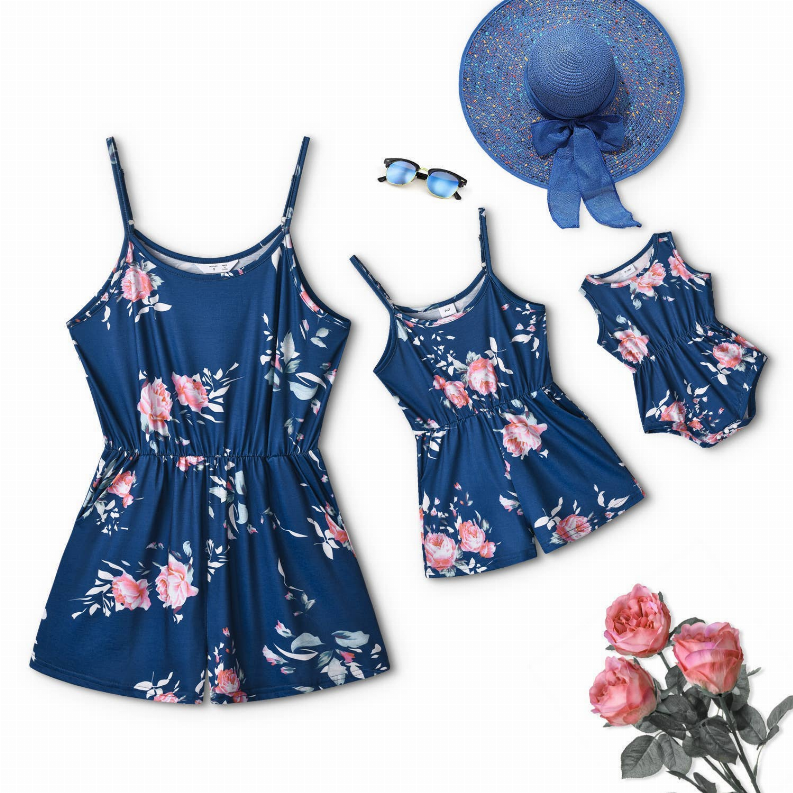 Blue floral matching mom-and-daughter sundress set with spaghetti straps and gathered waist