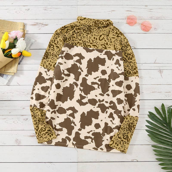 Women’s long-sleeve pullover sweater, cow-print body with leopard-print sleeves