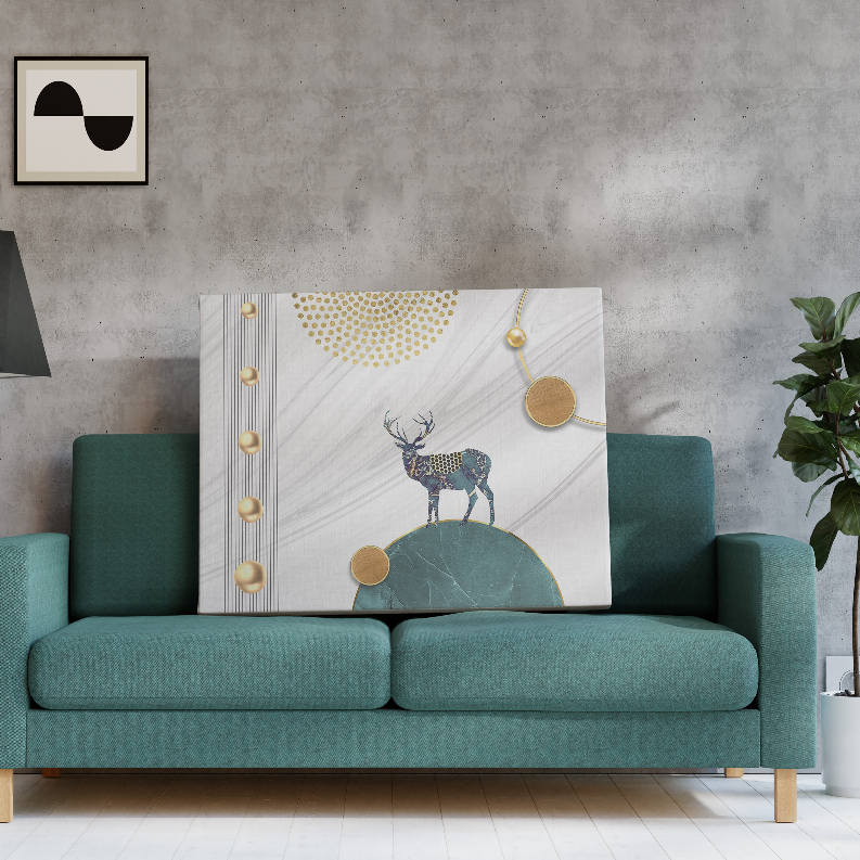 Deer art print with teal rock, gold coins, and dotted arch on a white abstract background