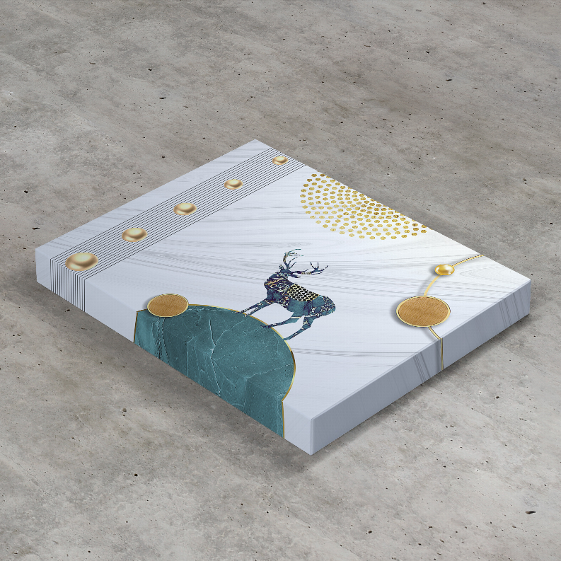 Square deer art print shown at an angle, teal rock and gold coins with a dotted arch
