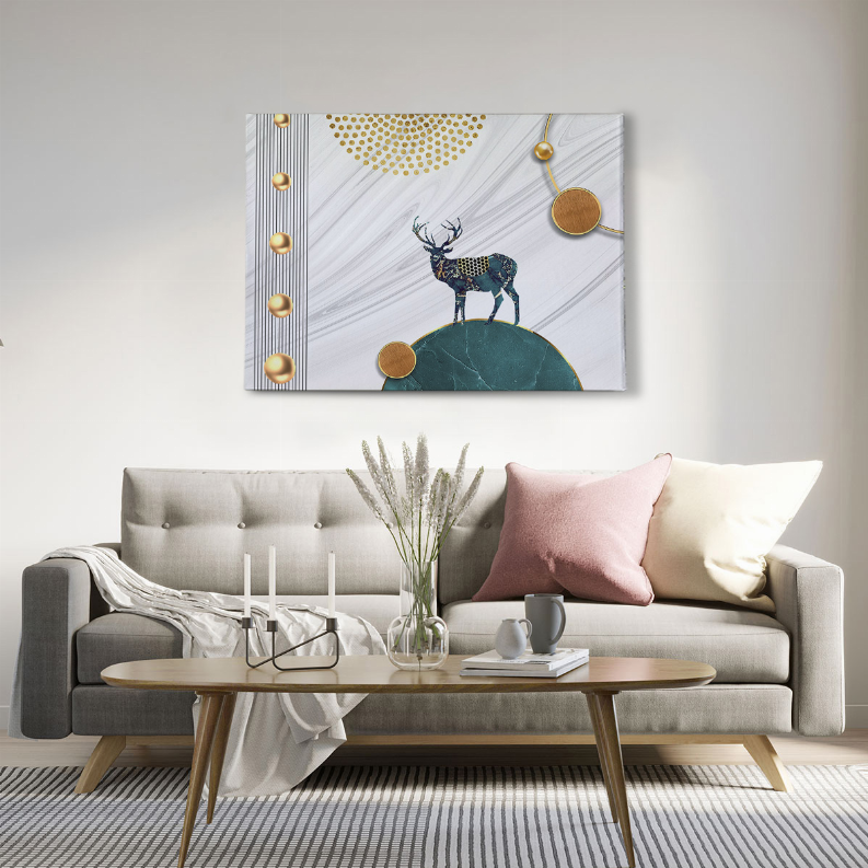 Wall-hung deer art print with teal rock, gold coins, and a dotted arch on white lines