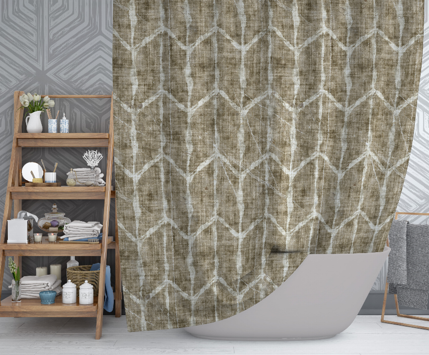 Olive shower curtain with white chevron pattern and grommet top