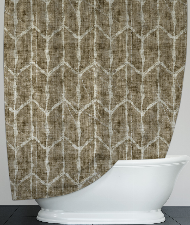 Olive shower curtain with white geometric chevron pattern, curved hem