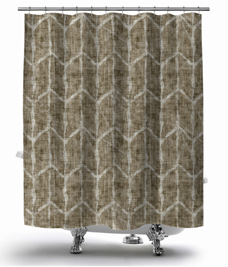 Olive shower curtain, white chevron pattern, hanging with metal rod grommets