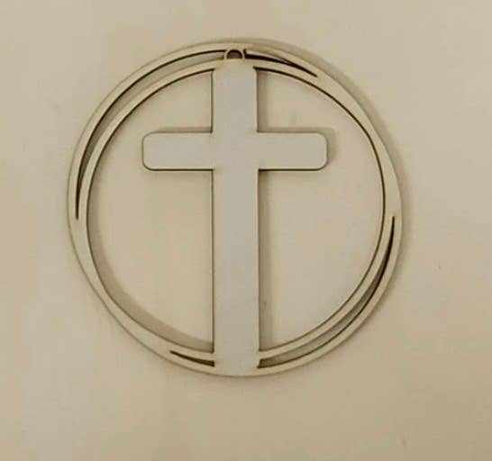 Wooden cross car charm with circular frame, light wood finish