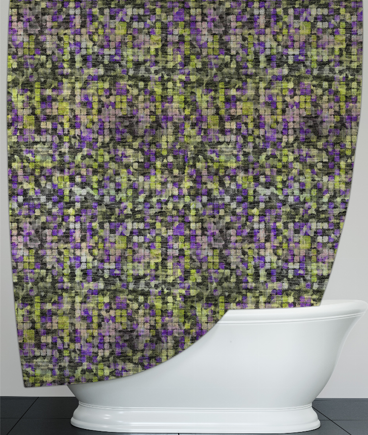 Multicolor shower curtain with dense square mosaic pattern and curved bottom hem