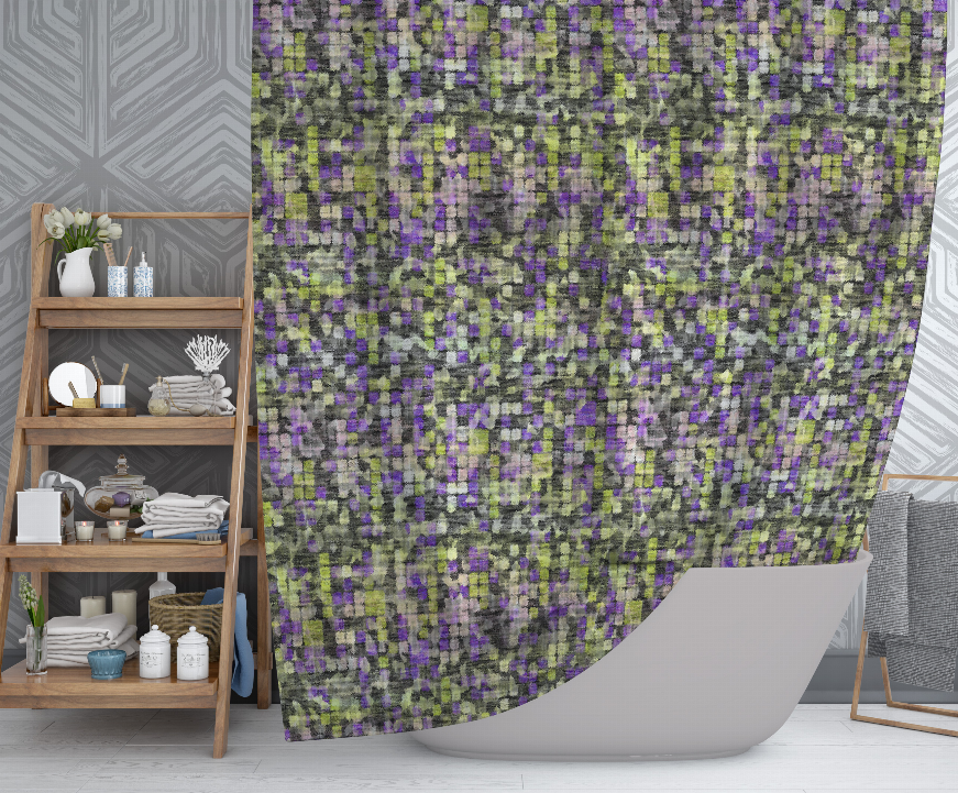 Multicolor square mosaic shower curtain with rounded, pleated bottom edge