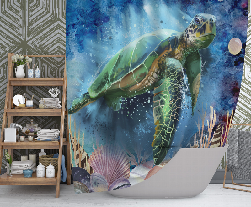 Blue sea turtle shower curtain with bubbles, coral, and shell accents