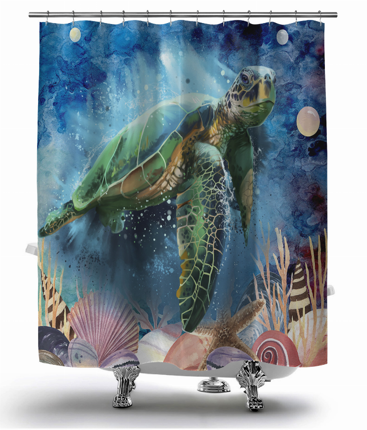 Blue underwater sea turtle shower curtain with grommet top and seashell bottom print