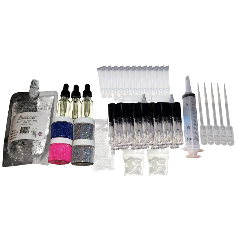 Lip gloss starter kit set: multiple gloss bottles, glitter pigments, applicator syringes, vials
