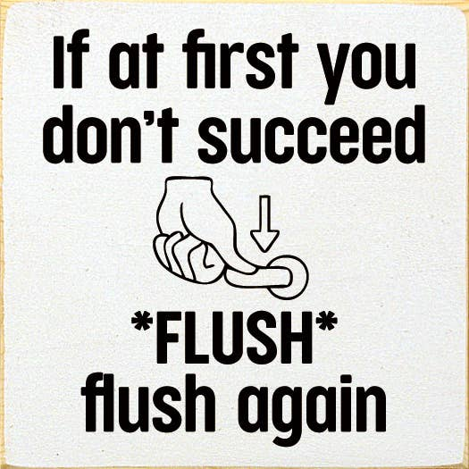 Wood sign with "If at first you don't succeed" text and toilet-flush illustration