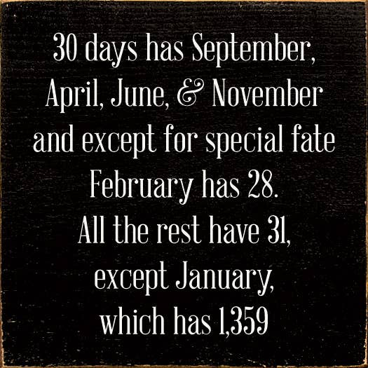 Black canvas plaque with white quote lettering about days of the month