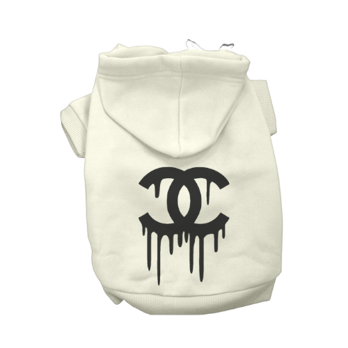 Cream dog hoodie with black drippy graphic on back