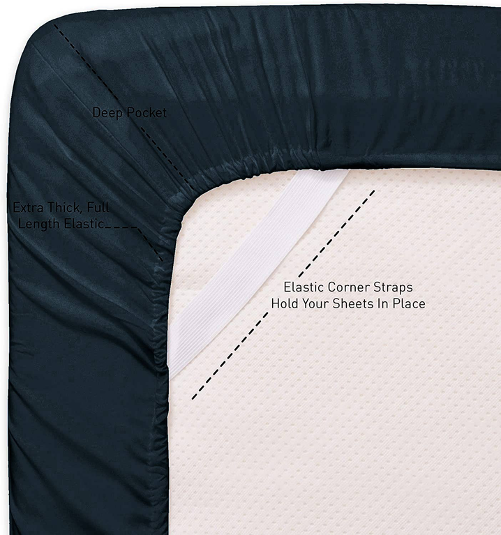 Navy fitted sheet deep pocket with elastic corner straps and light underside