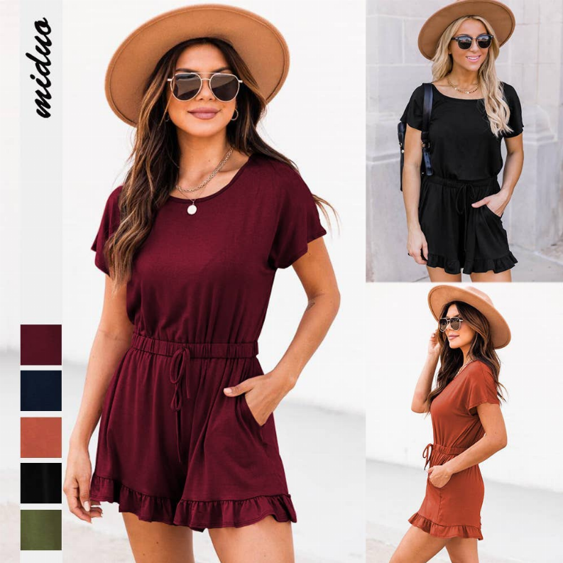 Women’s short-sleeve ruffle romper set with gathered waist, shown in multiple colors