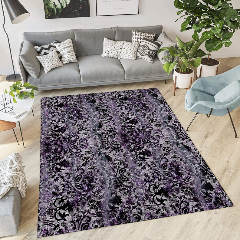 Purple low pile carpet rug with detailed damask floral pattern, rectangular