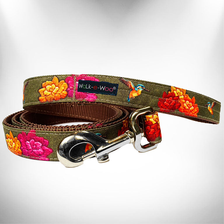Floral fabric dog leash with metal swivel clip and D-ring, dark green base
