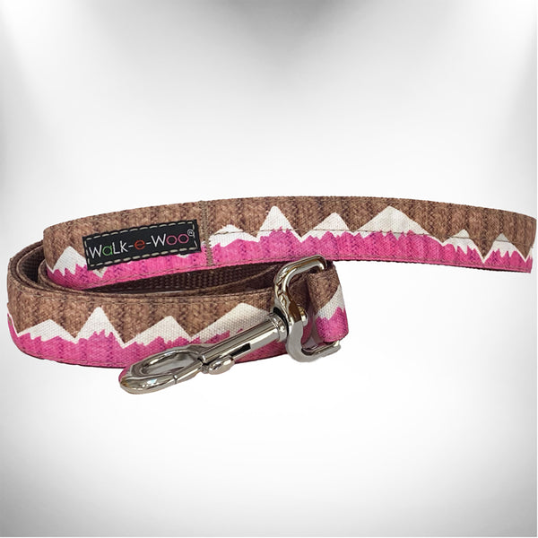 Mountain-pattern dog leash, brown fabric with pink/white design and metal clasp