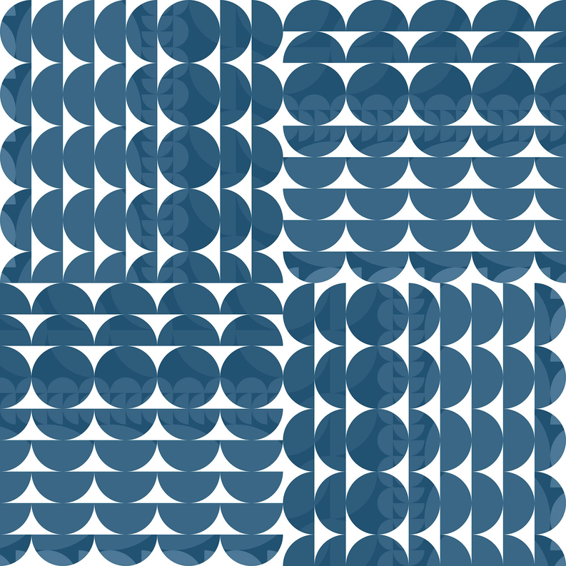 Peel-and-stick wallpaper panel, close-up of layered blue circle and semicircle motif