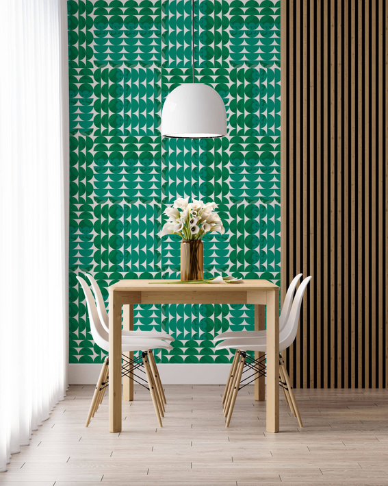 Green geometric peel-and-stick wallpaper panel with repeating scale pattern