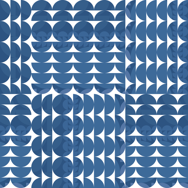Peel-and-stick vinyl wallpaper panel with blue scallop arch pattern, seamless repeat
