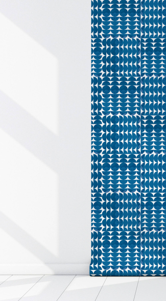 Peel-and-stick vinyl wallpaper panel with blue circle-and-line geometric dots