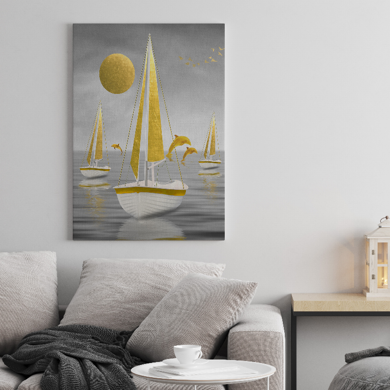 Sapphire art print with three white sailboats, gold sails, and a yellow moon over water