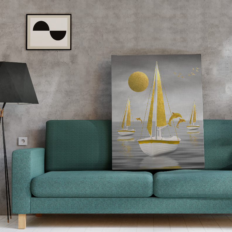 Framed Sapphire art print featuring gold-and-white sailboats and a yellow moon