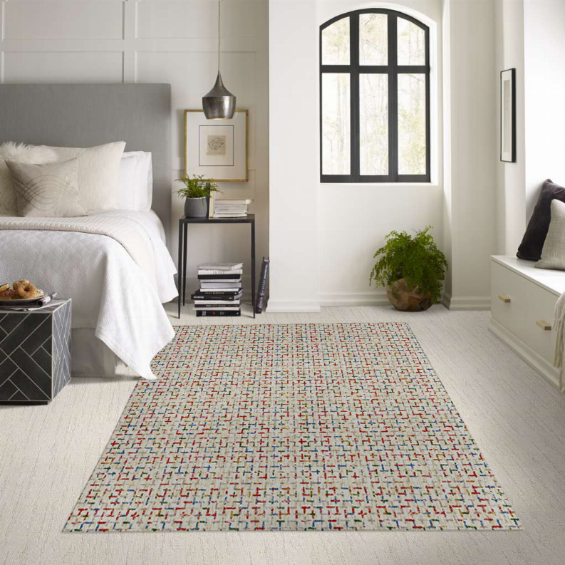 Multicolor low pile carpet with geometric pattern, large rectangular rug
