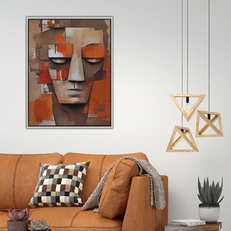 Framed abstract face art print with orange, brown, and gray geometric shapes