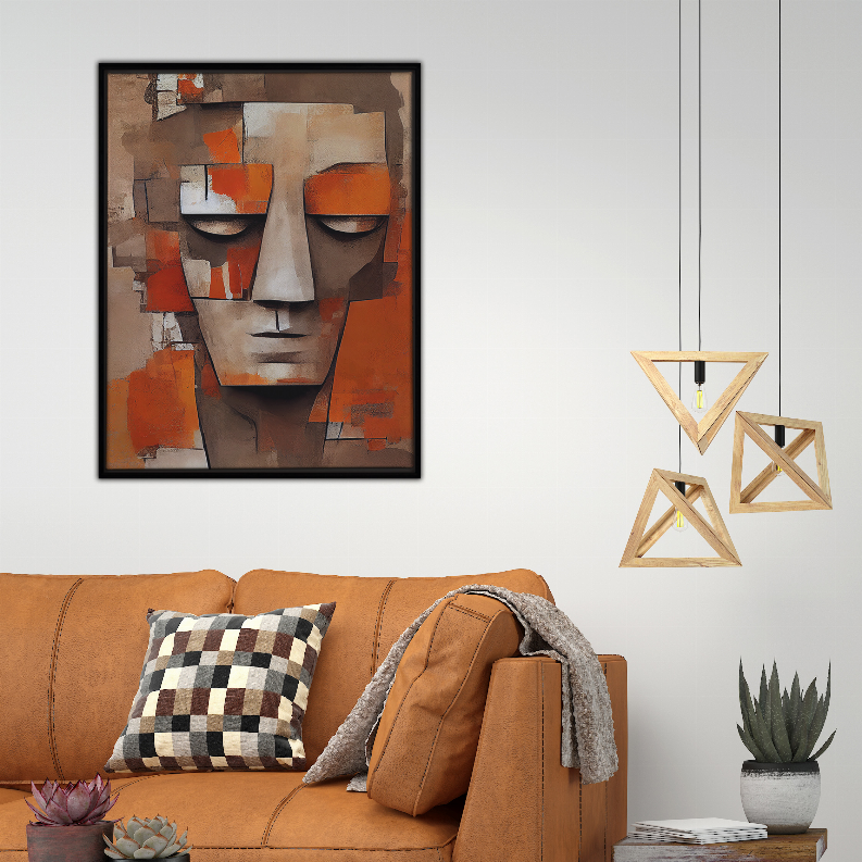 Stone art print with abstract portrait, black frame, orange and gray collage blocks