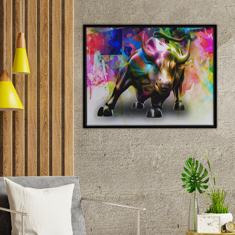 Framed Charging Bull art print with colorful abstract charging bull