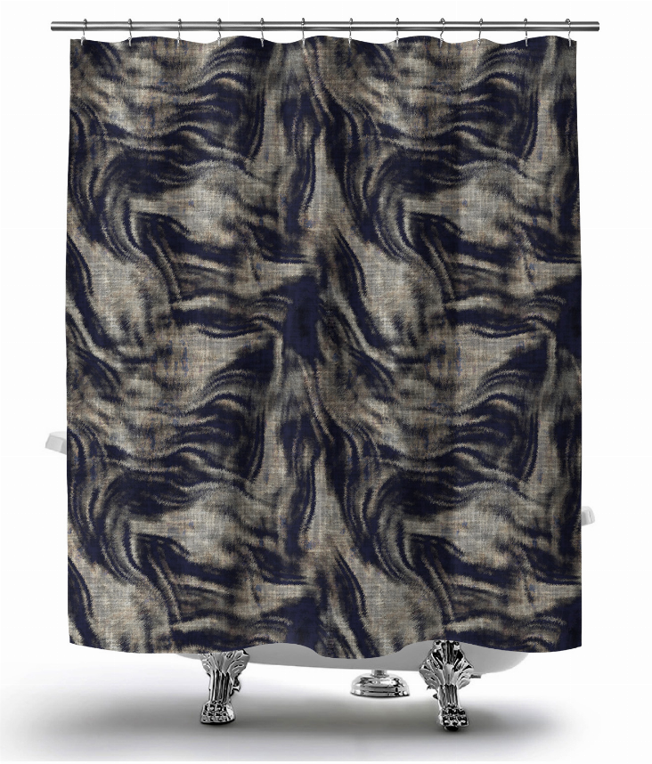 Shower curtain with dark blue and gray abstract swirl pattern, top grommets